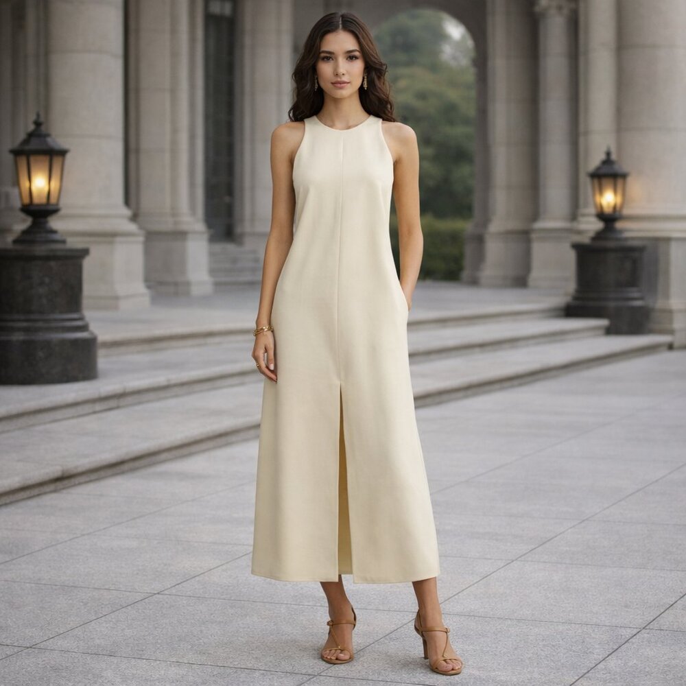 Nordstrom Sleeveless Textured Maxi Dress Cream XS Minimalist Back Zip